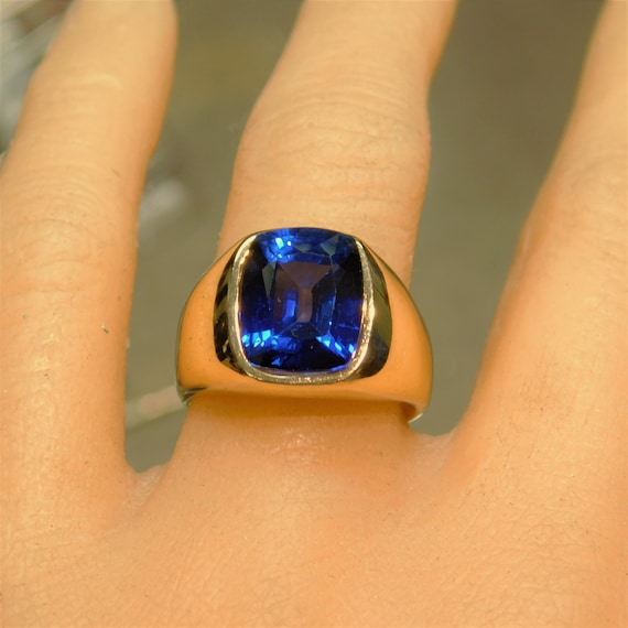 AAAA Lab Blue Sapphire 12x10mm 7.50 Carats Heavy 18K Yellow Gold Mens Ring 18 20 Grams. 4390 Etsy