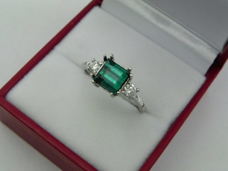 AAA Indicolite Tourmaline Step cut 7x7mm 1.89 Carats 14K white gold Diamond 3 stone ring .32ct 0784 image 2