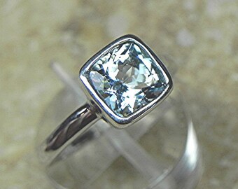 Natural Aquamarine Hand Made Cushion Cut   7x7mm  1.20 Carats   in a 14K White gold Engagement ring. MMM