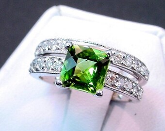 AAA Peridot Diamond   7x7mm  1.63 Carats   14K white gold Bridal set (.60CT ) 755 DDD