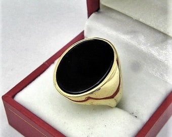 AAAA Black Onyx 20x16mm Buff Top 14K 18K and 22K yellow gold Signet ring 21 -28 grams. 0605a