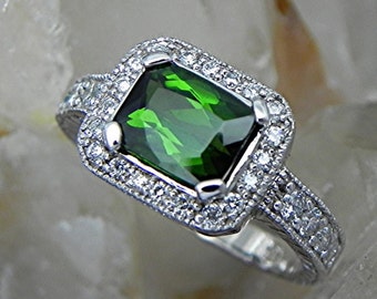 AAAA Green Cushion cut Tourmaline   8x7mm  1.82 Carats   in a 14K White Gold diamond Ring .44cts  MMMM