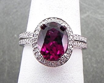 AAAAA Raspberry Grape Rhodolite Garnet 2.97 Carat 10x8mm in 14K White gold diamond bridal set(.50ct) 0967 B108