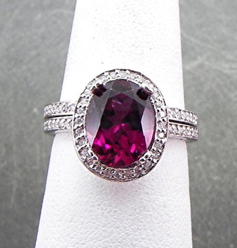 AAAAA Raspberry Grape Rhodolite Garnet 2.97 Carat 10x8mm in 14K White gold diamond bridal set.50ct 0967 B108 image 1