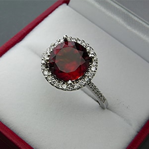 AAAA Red Hessonite Garnet   9mm  2.74 Carats   in 14K White gold Halo ring with  .30 carats of diamonds 2142 Y