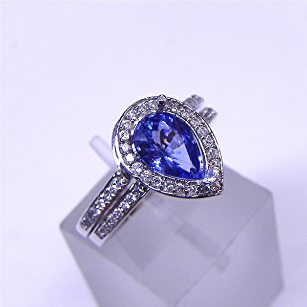 AAA Blue Ceylon Sapphire   1.21 Carats   in 14K White gold Bridal set .40cts of diamonds. 1614