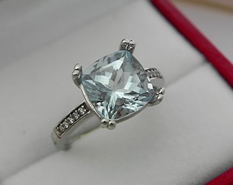 AAAA Santa Maria Blue Aquamarine Cushion cut   9x9mm  3.01 Carats   14K white gold Engagement Ring set with .25 carats of diamonds 0732