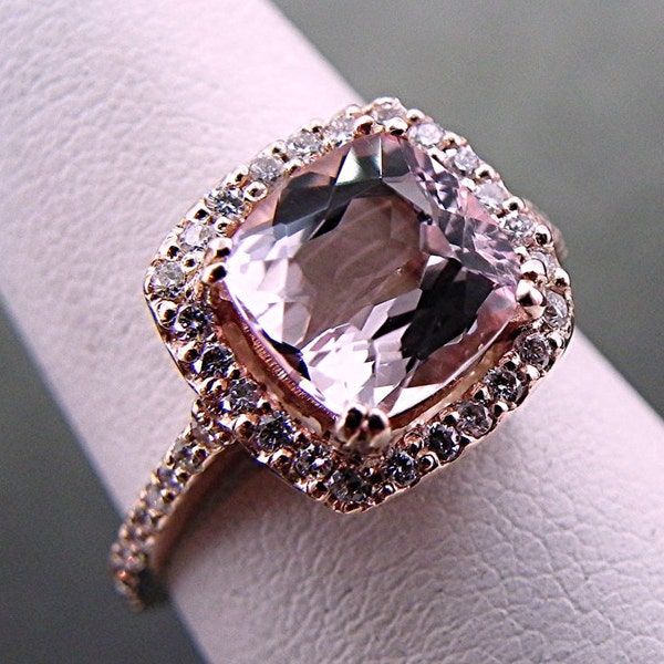 1.98ct AAA Natural 8x8mm Cushion Cut Pink Morganite set in 14K Rose gold Halo ring with .30 carats of diamonds 1209 H88
