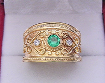 AAAA Emerald Diamond Cut 4.06mm  .23 Carats   in 14K Yellow gold Byzantine-style Etruscan cigar band diamond ring (.06 carats) 0409M