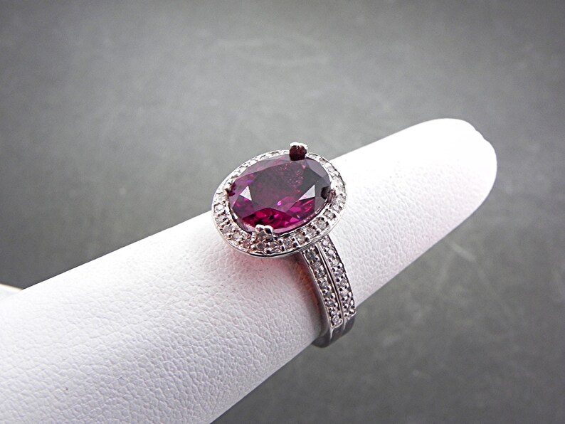 AAAAA Raspberry Grape Rhodolite Garnet 2.97 Carat 10x8mm in 14K White gold diamond bridal set.50ct 0967 B108 image 2