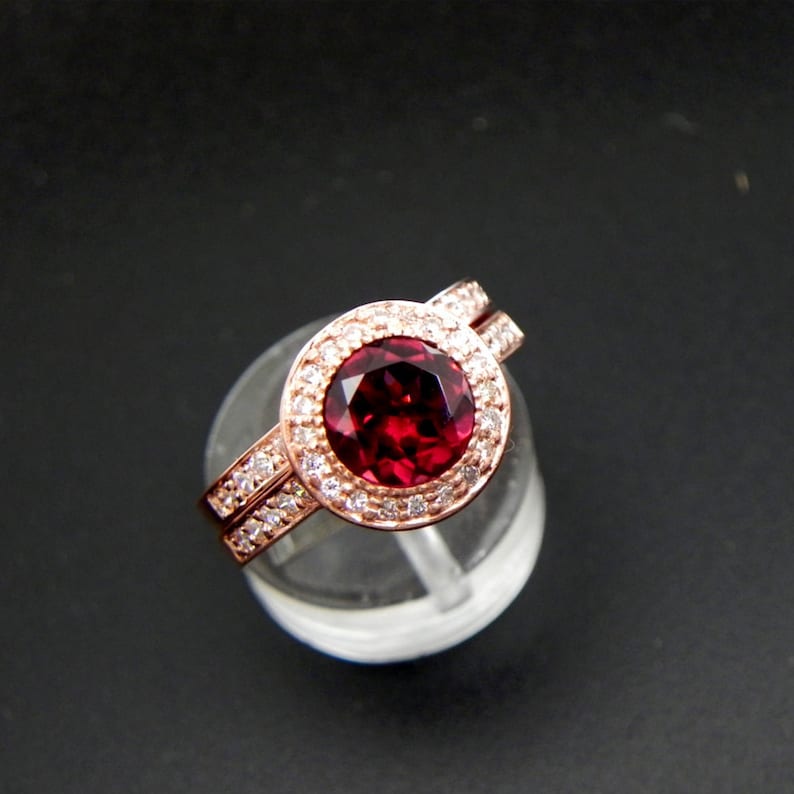 AAAA Rhodolite Garnet 7mm 1.80 Carats in 14K Rose gold bridal set with .35cts of diamonds. B007 1465 image 1