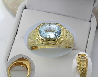 AAA  Light Blue Aquamarine 10x8mm 2.20 Carats Heavy 14K Yellow gold Antique  Vintage  styled MAN'S ring 15 grams. Available in 18K 1781