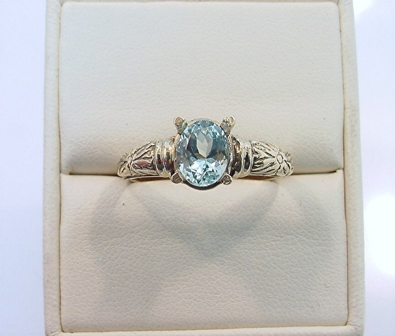 Antiqued Floral 14K gold ring with 8x6mm 1.40 Carat Natural Aquamarine 0348 image 1