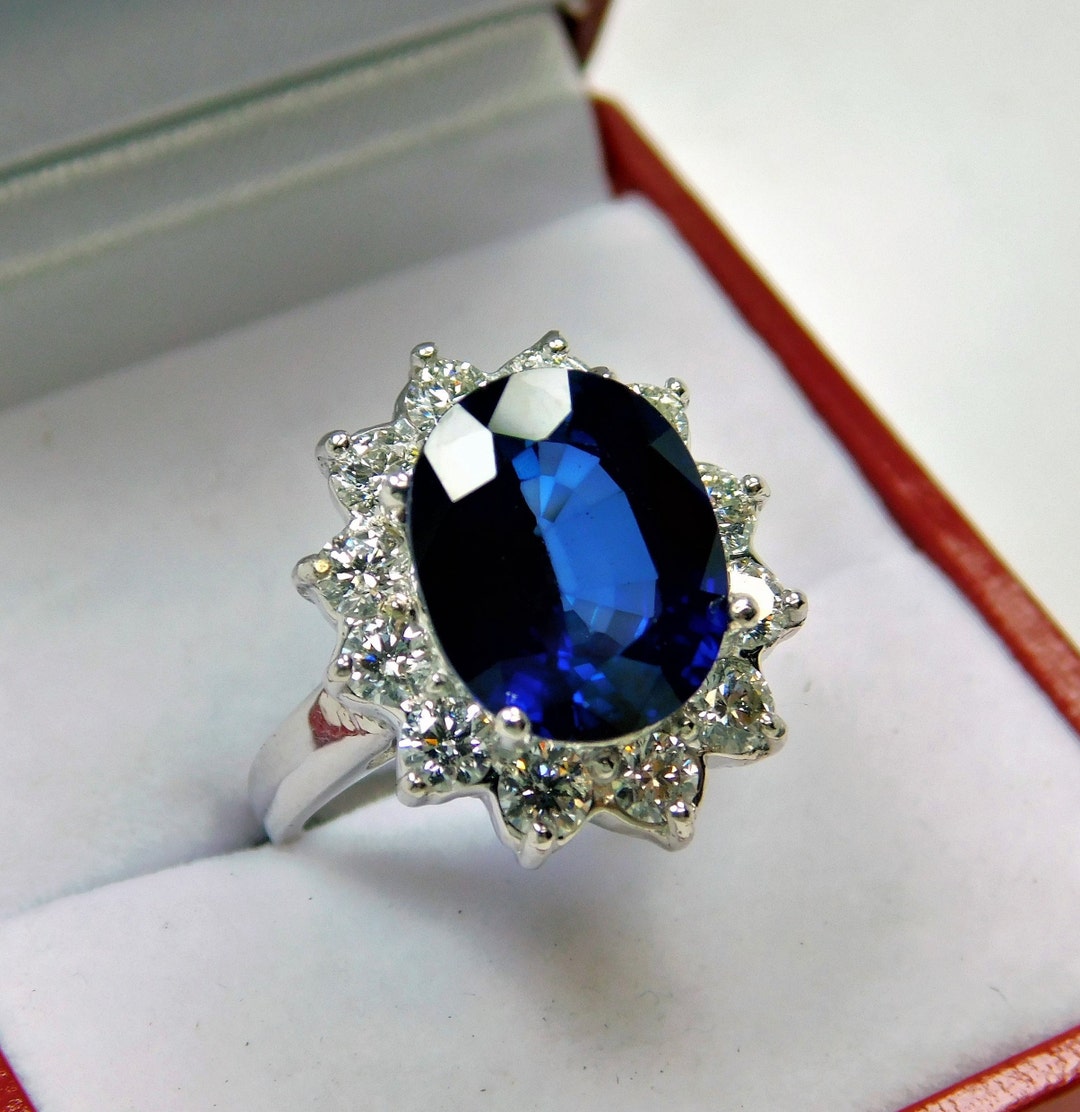 AAAA Labgrown Sapphire 12x10mm 6.53 Carats 14K White Gold Engagement Ring Set With 1.20cts of