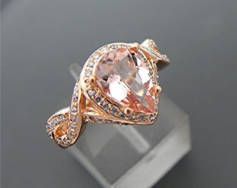 AAAA Stunning Peach Morganite Pear shape   10x7mm  1.49 Carats   in 14K Rose gold diamond halo engagement ring (.50 carats) 1351