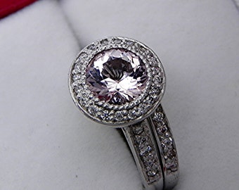 AAA Round Pink Morganite   7mm  1.35 Carats   14K white gold diamond .35ct bridal set. B007