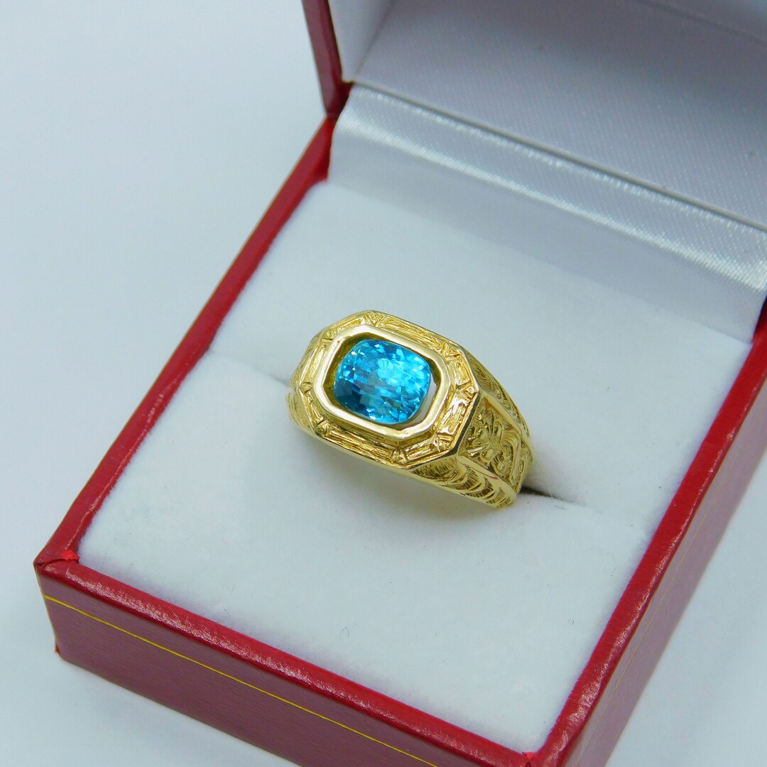 AAAA Blue Zircon 8x6mm 3.40 Carats Heavy 14K Yellow Gold Antique