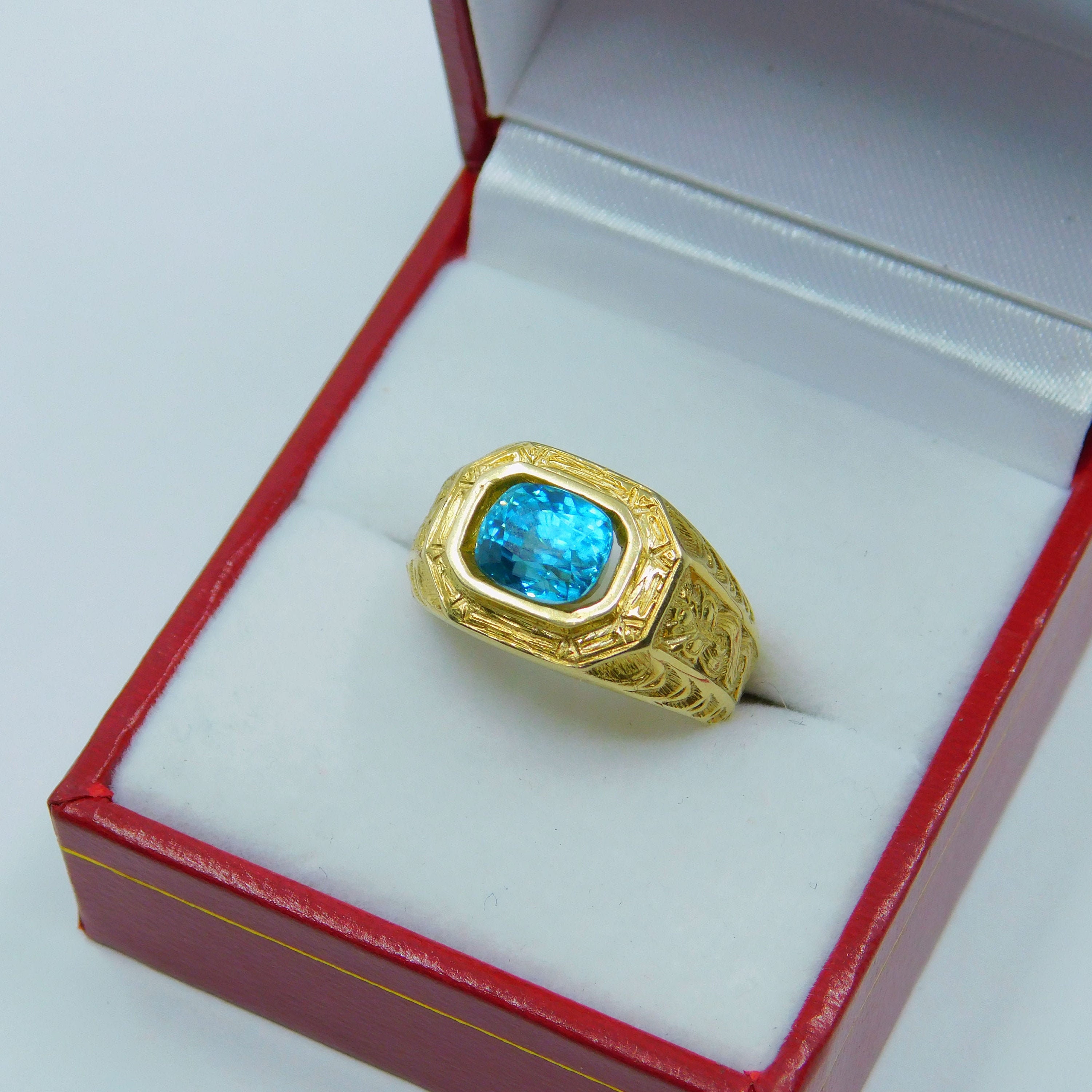 AAAA Blue Zircon 8x6mm 3.40 Carats Heavy 14K Yellow Gold Antique