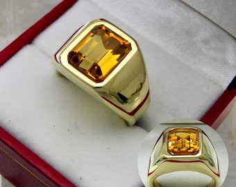 AAAA Citrine 10x8mm  3.67 Carats   Heavy 14K Yellow gold Emerald cut Mans ring 15-16 grams 1760