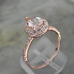 AAA Natural Salmon Peach Morganite untreated Pear shape 9x6mm 1.54 Carats in 14K Rose gold Engagement ring set with .30cts of diamonds MMM image 5