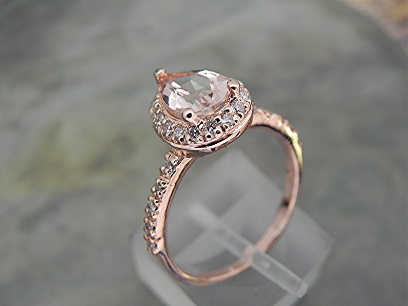 AAA Natural Salmon Peach Morganite untreated Pear shape 9x6mm 1.54 Carats in 14K Rose gold Engagement ring set with .30cts of diamonds MMM image 5