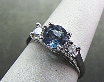 AAAA Blue Santa Maria Aquamarine .95 carat 6.00mm Three Stone Ring round 14K white gold diamond (.30ct) ring MMM