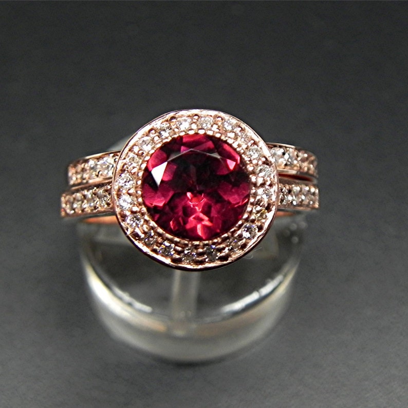 AAAA Rhodolite Garnet 7mm 1.80 Carats in 14K Rose gold bridal set with .35cts of diamonds. B007 1465 image 2