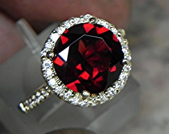 AAA Natural Red Pyrope Garnet   10mm  4.00 Carats   in 14K Yellow gold Halo ring with  .35 carats of diamonds 1811