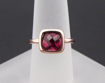 AAAA Rhodolite Garnet   7x7mm  1.85 Carats   Cushion Cut Natural Checkerboard cut in a 14K Rose gold engagement ring. MMM