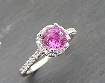 AAAA Pink Sapphire Natural   5.87mm  1.15 Carats   Round in 14K white gold Halo ring with .50 carats of diamonds 1236