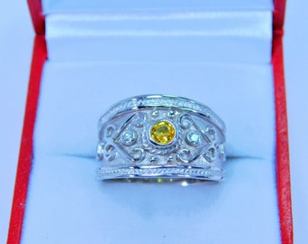 Yellow Sapphire  3.50mm  0.20 Carats   in 14K Yellow gold Byzantine-style Etruscan cigar band diamond ring (.06 carats) 3302aM