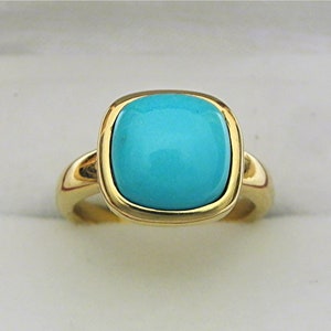 AAAAA Sleeping Beauty Robins Egg Blue Turquoise  18K and 14K(not shown) yellow gold bezel ring 10x10mm   Flawless Untreated.  8 grams 0669