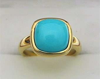 AAAAA Sleeping Beauty Robins Egg Blue Turquoise  18K and 14K(not shown) yellow gold bezel ring 10x10mm   Flawless Untreated.  8 grams 0669