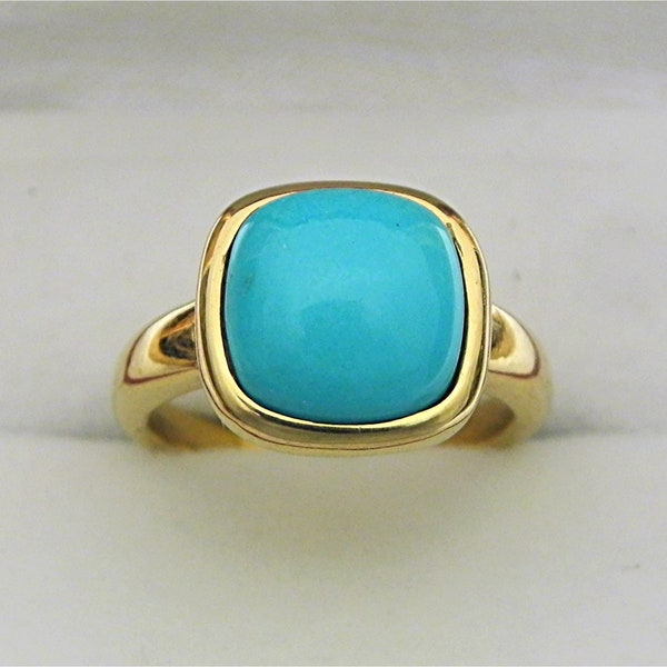 AAAAA Sleeping Beauty Robins Egg Blue Turquoise  18K and 14K(not shown) yellow gold bezel ring 10x10mm   Flawless Untreated.  8 grams 0669