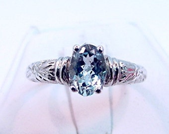 AAAA Aquamarine Natural   8x6mm  1.28 Carats   in Antiqued Floral 14K gold ring 0609