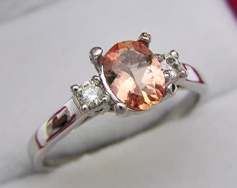 AAAA Padparadscha Peach Orange Sapphire  7x5mm .73 Carats with .18 cts of Diamonds 14K white gold engagement ring 0725