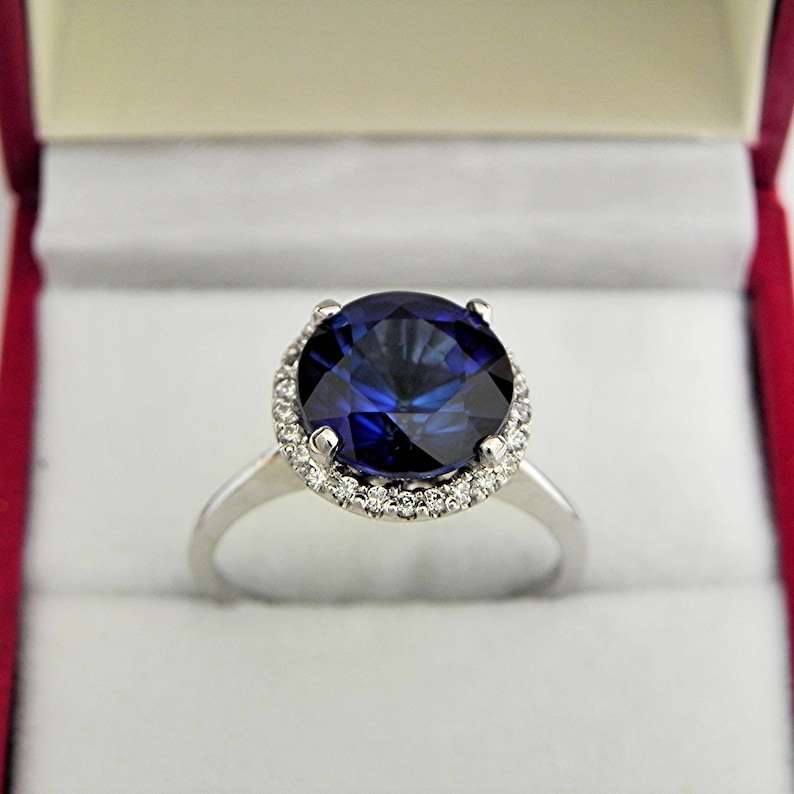 AAAA Blue Sapphire 10mm 5.00 carats in 14K White gold Diamond Halo ring with .25 carats of diamonds MMM image 2