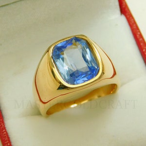 AAAA Ceylon Sapphire 12x10mm 6.22 Carats Heavy 18K Yellow Gold Mens ...