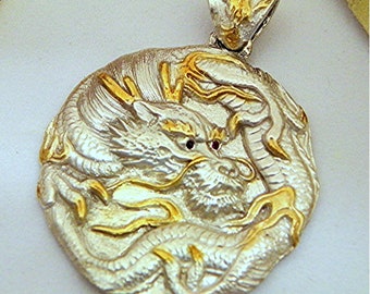 DRAGON Pendant Sterling silver with Natural Ruby Eyes 15.5 grams 34x47mm Hand Made in the USA DDD