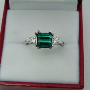 AAA Indicolite Tourmaline Step cut 7x7mm 1.89 Carats 14K white gold Diamond 3 stone ring .32ct 0784 image 6