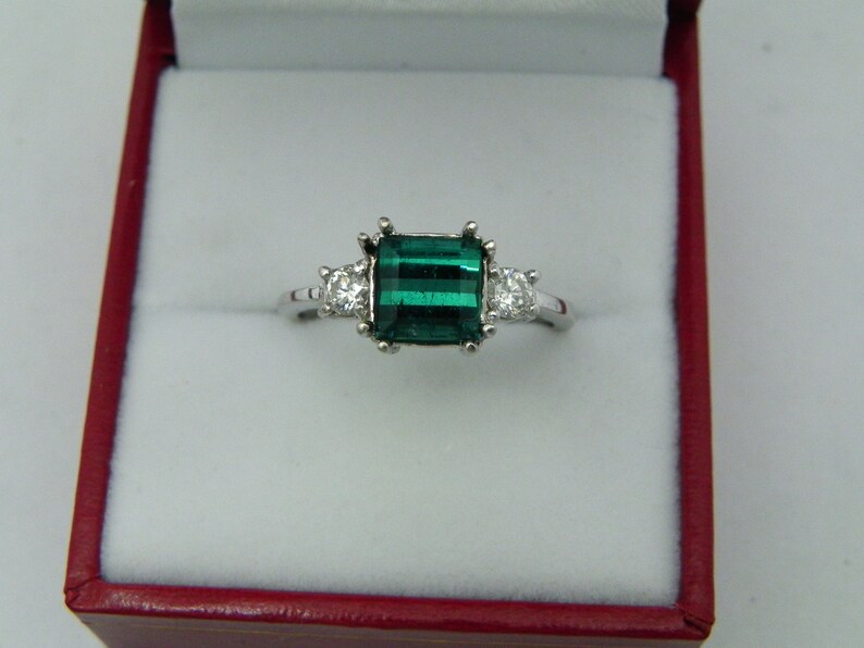 AAA Indicolite Tourmaline Step cut 7x7mm 1.89 Carats 14K white gold Diamond 3 stone ring .32ct 0784 image 6