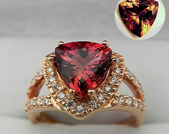 AAAA Red Bronze Color-change Tourmaline Rubellite Trillion   9x9mm  2.47 Cts   14K Rose gold diamond halo engagement ring (.50 Ct) Ring 0749