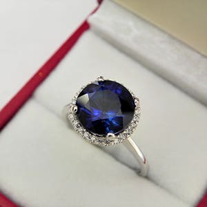 AAAA Blue Sapphire 10mm 5.00 carats in 14K White gold Diamond Halo ring with .25 carats of diamonds MMM image 7