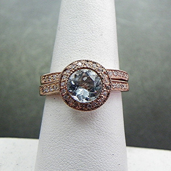 AAA Round Natural Aquamarine   7.0mm  1.27 Carats   14K Rose gold bridal set with .35cts of diamonds. B007 1474