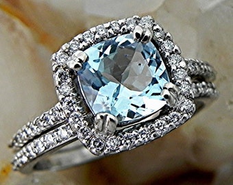 AAA Natural Aquamarine Untreated Cushion cut   7x7mm  1.49 Carats   14K white gold Halo Bridal set with .45 carats of diamonds HB88  1531