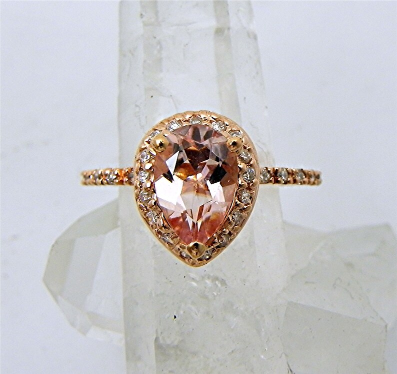 AAA Natural Salmon Peach Morganite untreated Pear shape 9x6mm 1.54 Carats in 14K Rose gold Engagement ring set with .30cts of diamonds MMM image 2