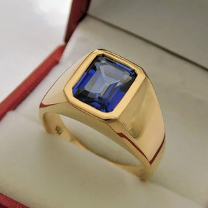 AAAA Created Blue Sapphire 10x8mm 4.50 Carats   Heavy 18K Yellow gold Emerald cut Mans ring 13-18 grams Available in 14K 1732