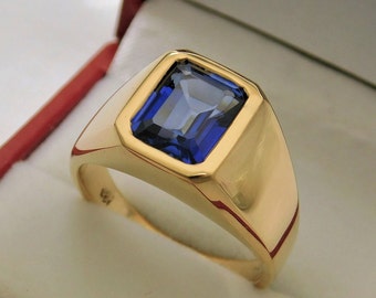 AAAA Created Blue Sapphire 10x8mm 4.50 Carats   Heavy 18K Yellow gold Emerald cut Mans ring 16-18 grams Available in 14K 1732