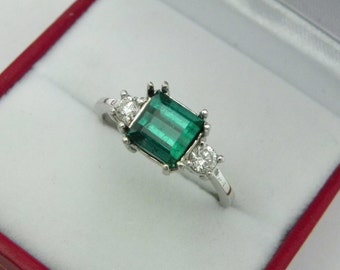 AAA Indicolite Tourmaline  Step cut   7x7mm  1.89 Carats   14K white gold Diamond 3 stone ring .32ct 0784