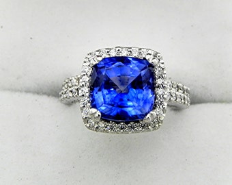 AAAA Manmade Blue Sapphire Cushion cut   8x8mm  2.50 Carats   in 14K white gold Halo Bridal set with .45 carats of diamonds HB88 DDD